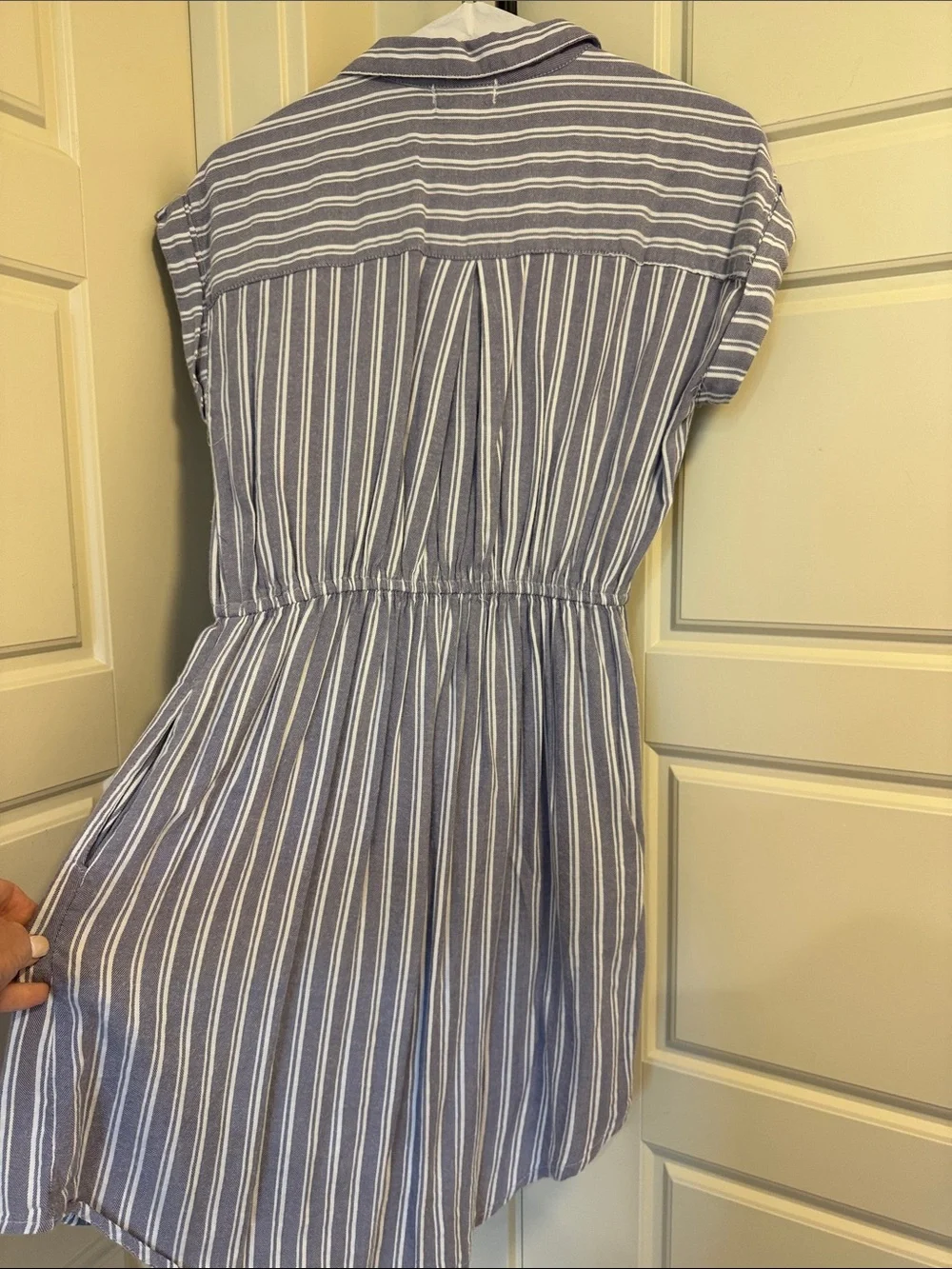 Japna Striped Button-Front Romper Dress in Blue and White - Picture 3 of 4